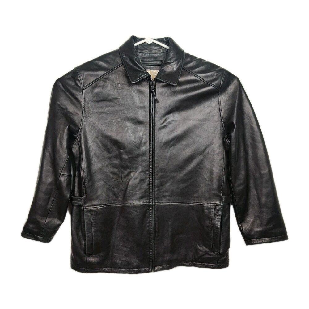 Marc New York Leather Full-Zip Coat Men's Large Black Lined Long Sleeves Pockets